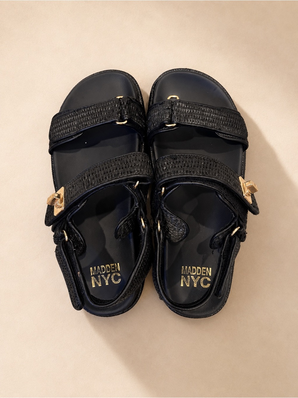 Madden NYC Trendy Black Woven Strap Sport Sandals | Gold Hardware Sandals